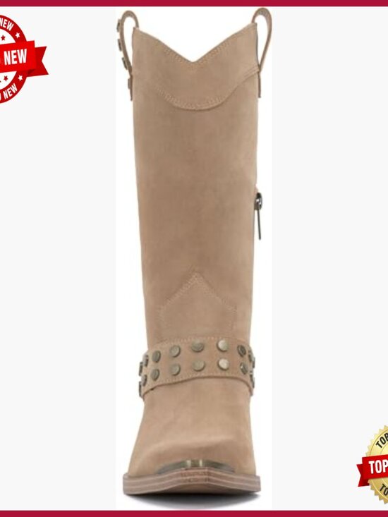 Suede Riding Boots for Women Round Toe Pull on Wide Calf  Mid-Calf Western Boot with Stacked Heel - Leather Suede Pull-On